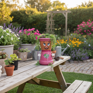 NF Lauren Pink Smiling Face Flower Pot Private Label Hand Painted Decorative <b>Plastic</b> Garden <b>Planter</b> Boho Character Desktop Pot - Product Image 3