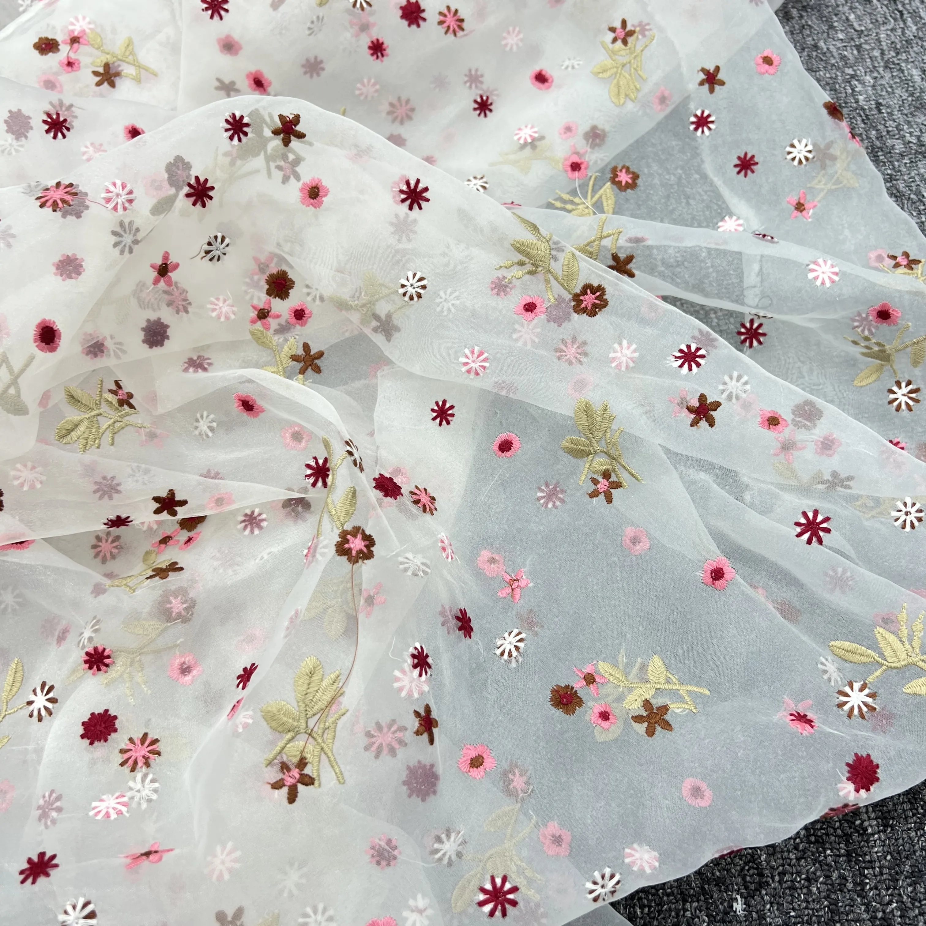 Tela de encaje con bordado floral, tejido de malla suave de Organza, hecho a mano, para costura de ropa