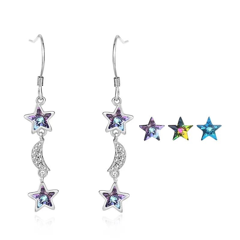 Hot Selling Luxury Women's Fashion 925 Sterling Silver Star Earrings Fine Crystal Small Stars Rhodium Plating Cute Ear Hooks