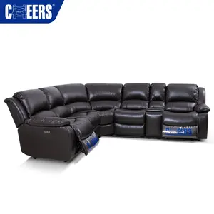 MANWAH CHEERS Modern Black Real Leather Recliner Furniture Power Reclinable Sectional Living Room Sofa With Two Cup Holder