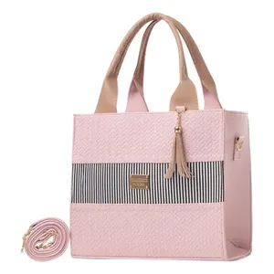 Fana da donna color malva per la borsa a tracolla di bambù rosa belle piume alla moda di lusso Casual Tote doppia pelle aperta per feste - Product Image 1