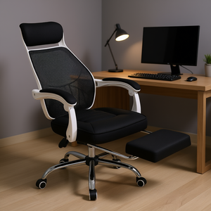 Chaise de bureau pivotante à dossier haut, noire et blanche, inclinable et réglable avec repose-pieds, base chromée, chaise de direction en tissu - Product Image 2