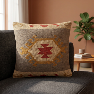 KRAFTERS Geometric Pattern Square <b>Pillow</b> Woven Wool Jute | 100% Cotton Filled Handcrafted Cushion Home Outdoor Hotel Chair Use - Product Image 1