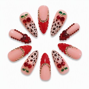 Faux ongles carrés longs pré-dessinés en acrylique avec strass cerise à presser pour les doigts - Product Image 5