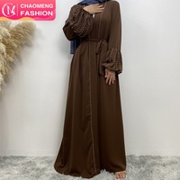 1961 #   Abaya élégante en tissu Nida de luxe avec manches lanternes, petites perles et bordure perlée, poches latérales