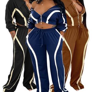 Atasan Kerah Ritsleting Warna Kontras Motif Garis dan Celana Kaki Lebar Set 2 Potong Wanita - Product Image 1