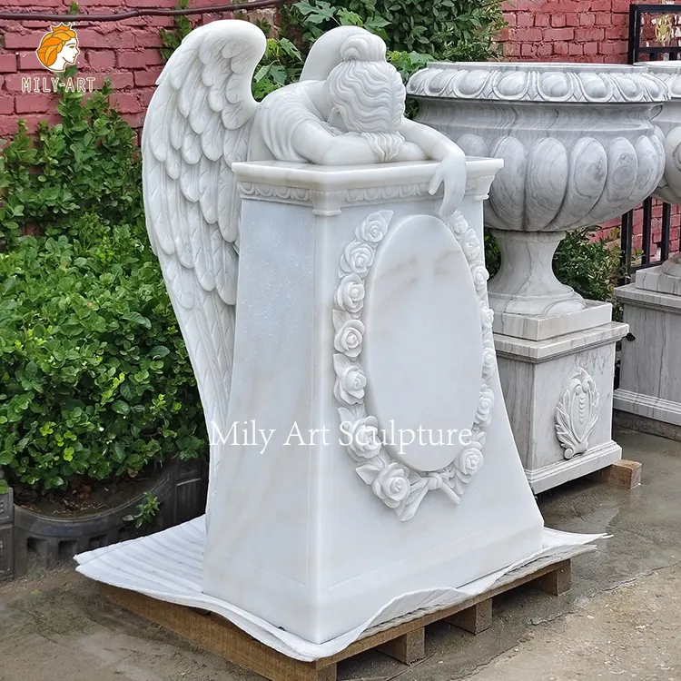 Custom Large Natural Stone Marble Angels Outdoor Statue White Marble Weeping Headstone