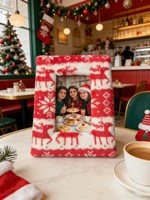 Cadre photo de Noël tendance avec motif en flanelle, design artistique en tissu carré, cadre décoratif en panneau MDF de 6-7 pouces