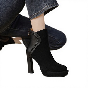 Botines de tacón fino con punta en pico de cuero de ante negro para mujer, con plataforma, cremallera lateral y costuras, a la moda, para uso diario y fiestas. - Product Image 3