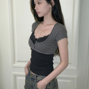 Ensemble deux pièces haut et gilet boutonné à imprimé rayé, avec garniture en dentelle, sans manches, style Y2K, décontracté, rétro, polyvalent, tenue d'été pour femme - Product Image 4