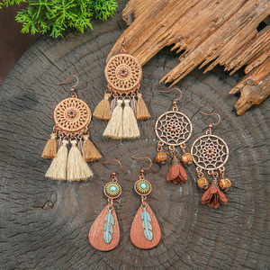 Bohemian Fashion <b>Drop</b> Earrings Alloy Antique <b>Bronze</b> Plated Geometric Tassel Feather Women's Party Jewelry - Product Image 2