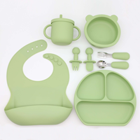 Ensemble d'alimentation pour bébé en silicone avec bavoir, assiette compartimentée, bol en forme d'ours, tasse à bec verseur, cuillère et fourchette en acier inoxydable