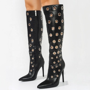 Summer Women Knee High Boots Metal Holes Stiletto Dress <b>Shoes</b> Slim Heels Eyelet-embellished Long Booties - Product Image 3