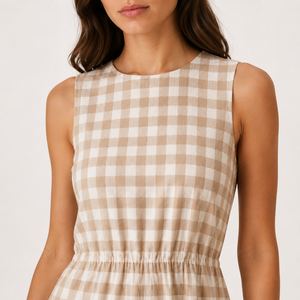 Robe midi sans manches en gingham beige personnalisée pour femme, col rond, taille élastique, en coton et lin, coupe trapèze, robe <span class=keywords><strong>d</strong></span>'été OEM ODM pour marques - Product Image 3
