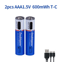 بطارية ليثيوم أيون Doublepow AAA بسعة 600 مللي واط ساعة و1000 مللي واط ساعة قابلة لإعادة الشحن عبر USB من النوع C بجهد 1.5 فولت حجم 10440