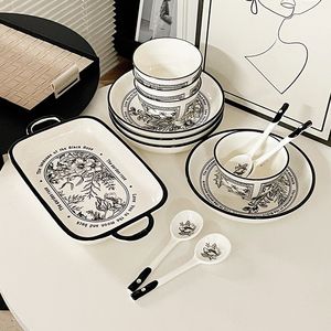 High Quality Factory Sale New Fashion Floral Style Black Rim Stoneware Dinnerware <b>Sets</b> <b>Microwave</b> & Dishwasher Safe - Product Image 1