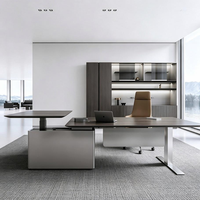 Bureau de direction en placage de chêne blanc avec poste de travail, prise électrique, verrouillage par empreinte digitale et armoire latérale