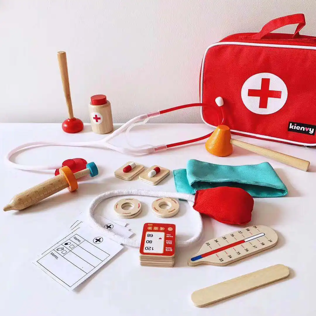 Juego de casa de juegos para niños, kit médico de madera, bolsa de herramientas, juguete