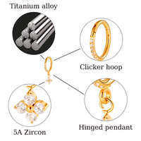 Hengsen Joyería Fina de Piercing Aro de Oreja Colgante para Lóbulo ASTM F136 PVD Oro 18K Joyería de Titanio Anillos Segmentados Articulados con Circonitas