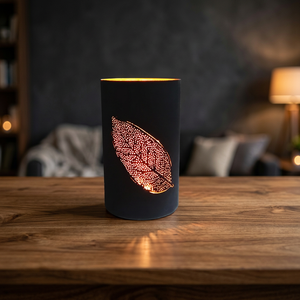 Porte-bougie moderne en métal noir avec motif feuille découpée, résistant à la rouille, durable, pour une lueur chaleureuse, décoration de lampe votive pour cadeaux - Product Image 2