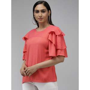 Haut à rayures en viscose décontracté à la cheville pour femmes à la mode rose avec décoration de motif élégant taille régulière un ensemble - Product Image 2