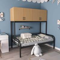 Lit mezzanine moderne réglable et peu encombrant en fer avec placard supérieur en bois et finition noire robuste pour chambre d'étudiant