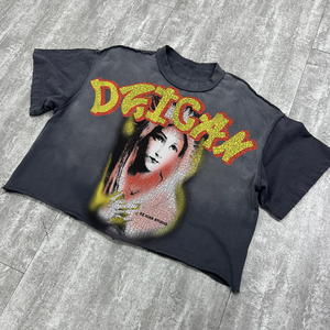 Nouveau t-shirt imprimé en coton épais Streetwear T-shirt graphique à lavage acide bords bruts en détresse T-shirt court surdimensionné - Product Image 3