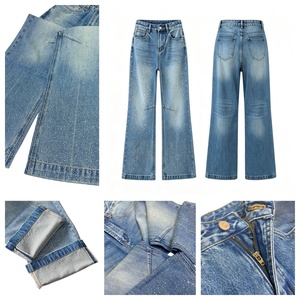 Vaqueros de mujer de cintura alta, corte de bota, estilo sexy urbano, vintage, lavados, 100% algodón, de tela gruesa, con pedrería de diseñador, pantalones de mezclilla. - Product Image 2