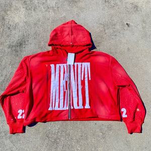 Manufacturer Distressed Embroidery Cropped Rhinestone Knitted Lined Print <b>Hoodie</b> for Men <b>Comfy</b> Cozy Washed - Product Image 1