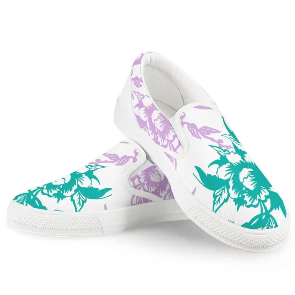 Cheapest Flowers Printing Slip on White Canvas Customized Shoes Women Ladies Flat Sneakers Comfortable Wholesale