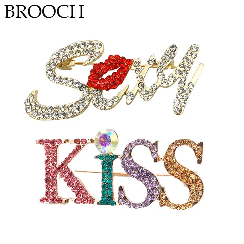 Mode rouge Sexy lèvre baiser broche pull châle écharpe strass cristal broches broches lettre diamant broche Corsages épinglette