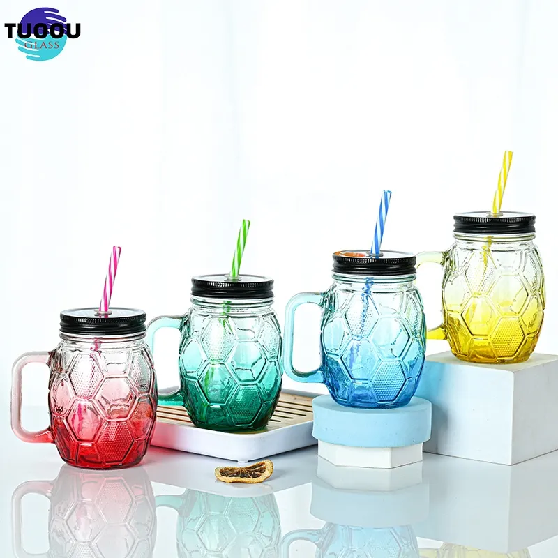 Conception personnalisée multicolore, anti-poussière, bureau à domicile, verre de Football de 18oz, poignée de maçon, tasse/pot avec couvercle et paille