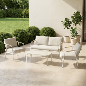 4-Piece Modern <b>Outdoor</b> Conversation Set Metal Frame PE <b>Rattan</b> Armrests Waterproof Cushions Includes Loveseat 2 Chairs - Product Image 5