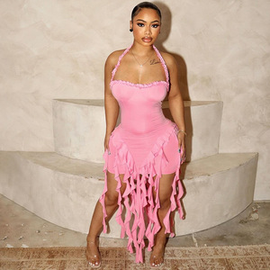 Venta caliente Ropa de mujer Nuevo producto Sexy Halter Girl Vestidos Sin espalda Vestido irregular al por mayor - Product Image 1