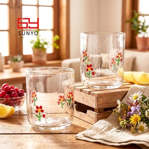 Verres à boire artisanaux transparents avec décoration florale sans pied pour jus, cocktails, vin, café, pour fiançailles, mariage, anniversaire - Product Image 3