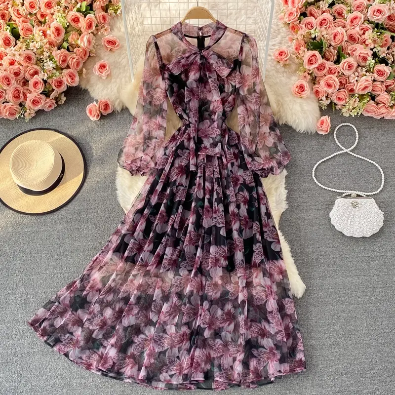 Flower Print Gauze Dress Tying Puff Sleeves Long Dress Women Chiffon Vacation Maxi Dress
