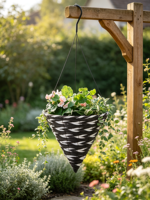 Panier suspendu conique bicolore noir et blanc, style américain, tissé à la main, avec doublure en ciment imperméable et crochet métallique pour la maison