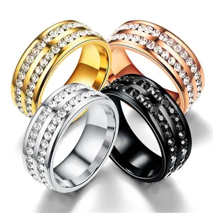 패션 더블 행 전체 다이아몬드 티타늄 스틸 반지 새로운 인기 스테인레스 스틸 반지 금속 8mm 남성 반지