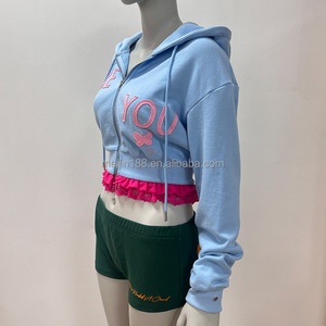 Women High Quality Distress Embroidery Patch Pullover Hoodies Sweatshirt Custom <b>Crop</b> Lace Distressed <b>Zip</b> <b>up</b> Hoodie Women - Product Image 5