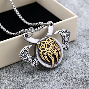 Collar con Colgante de Acero Inoxidable Estilo Nórdico Vintage para Hombre, Escudo Vikingo con Hacha, Diseño Geométrico, Joyería de Regalo - Product Image 3