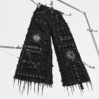 Pantalon en denim épais de qualité supérieure DiZNEW pour hommes, patchwork à carreaux, détails multi-œillets, jeans baggy, logo personnalisé, streetwear, usine BSCI