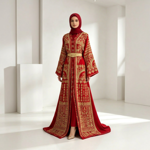 Women Red Embroidered Abaya V Neck <b>Long</b> Sleeve Floor Length Loose Middle East Style Wedding <b>Dress</b> Geometric Pattern Polyester - Product Image 1