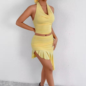 Ensemble robe d'été pour femme, style européen et américain, sexy, col licou, ourlet irrégulier, moulant, taille naturelle, en mousseline de soie - Product Image 4