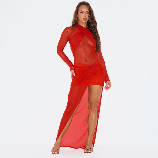 Latest Style Breathable Summer Red Long Dress for Women Sexy Mesh Material Casual Square Collar Knee-Length Natural Waistline
