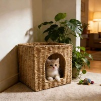 Boîte de rangement tressée pour chat, Niche tressée toutes saisons pour chat, Niche pour chat de salon au sol