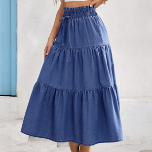 <span class=keywords><strong>Jupe</strong></span> <span class=keywords><strong>longue</strong></span> en jean décontractée vintage, taille élastique, coupe ample à volants, style doux, automne-printemps, <span class=keywords><strong>poches</strong></span> boutonnées, techniques de lavage - Product Image 5