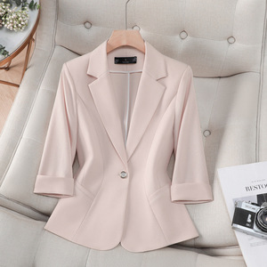 Women's Blazer Pink Slim Fit Three Quarter Sleeve Work Commuting Suit Jacket Worsted Fabric Elegant Office Wear - Product Image 1