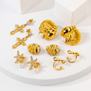 Pendientes de Aro de Perla y Circón en Acero Inoxidable Chapado en Oro de 18k, Juego de Joyería de Moda Simple y Colorido, Accesorios para Mujer - Product Image 3