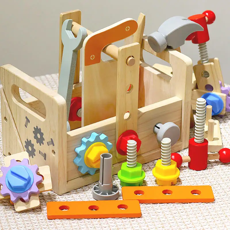 صندوق أدوات خشبي للأطفال مجموعة لعب التظاهر التعليمية الجوز التفكيك التجمع المسمار محاكاة إصلاح أداة نجار