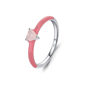 S925 Silver Pink Enamel Heart <b>Ring</b> with Light Pink Stone <b>Dainty</b> Stackable Silver Trendy Sweet Girl Finger Band - Product Image 1